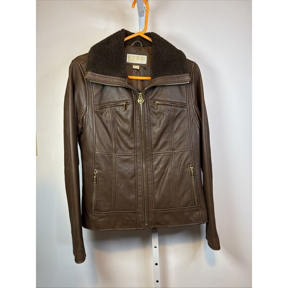Michael Kors Brown Leather Jacket L Moto Biker Zip Faux Fur Collar Gold Accents - Picture 1 of 10